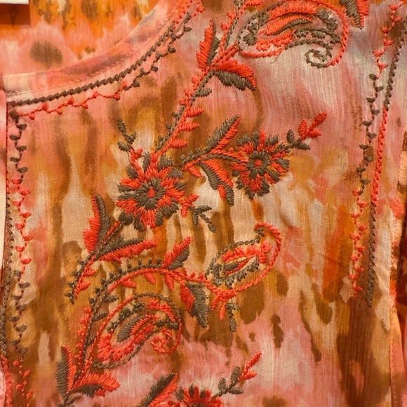 Sundance NWOT Size PL Pretty Orange & Brown Semi-Sheer Long Sleeve Blouse (0635) - Picture 13 of 14